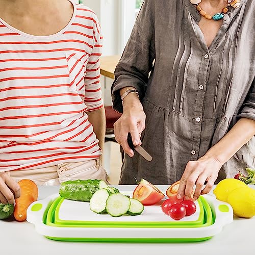 2 Pack Collapsible Cutting Board, Foldable Dish Tub with Draining Hole, Portable Chopping Board with Colander, 3 in 1 Multifunction Camping Sink for Washing Dish, Bowl, Vegetables and Fruit - color: White/Green and White/Grey