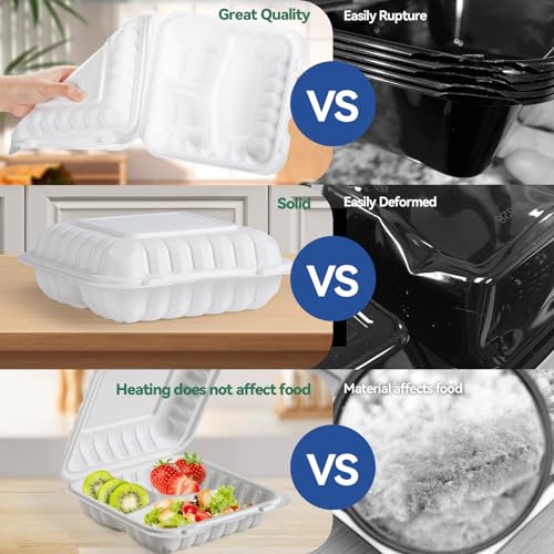 Food Containers 8" 34 oz 55 Pack - Shrink Wrapped Ready to Use | 3 Compartment Mineral Filled PP Clamshell | Microwave & Freezer Safe | BPA Free White To Go Boxes for Meal Prep & Leftovers - size: 8 inch 34 oz with 3 compartment