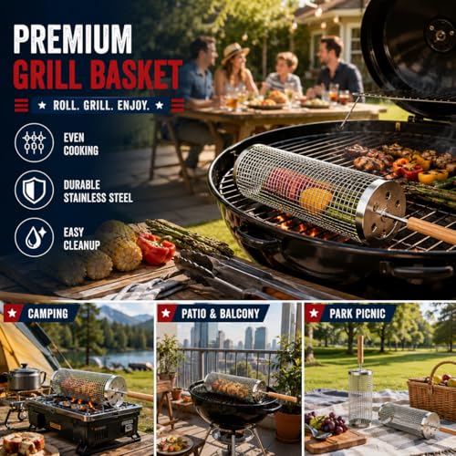 Rolling Grill Basket 2-Pack 304 Stainless Steel Grill Basket with Removable Wooden Handle, BBQ Grilling Net for Vegetables Shrimp veggie, Portable Camping Grill Accessories, Best Gifts for Dad/Husband/Men