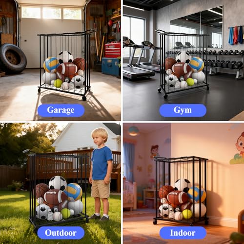 Large Garage Ball Storage Rack with Wheels for Basketball & Soccer | Rolling ball organizer stores basketballs, soccer balls and sports gear; large-capacity rack moves easily around the garage. - size: Large size