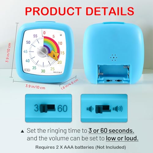 Secura 60-Minute Visual Timer, Silent Study Timer for Kids and Adults - color: Blue & Star