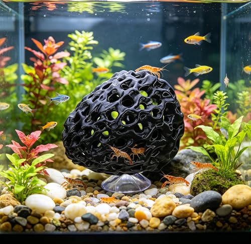 Betta Fish Hide Cave with Suction Cup, Shrimp Dome Hiding Shelter, Aquatic Shrimp Habitat & Hiding House, for Fish and Shrimp Resting and Hiding, Aquarium Decoration Accessories (Black)