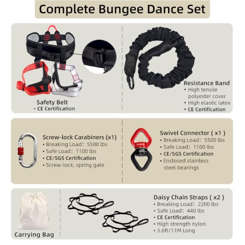 Bungee Fitness Set,CE Certified 6 Sizes(88-220 lbs)Bungee Cord Kit - size: M 132-154 lbs