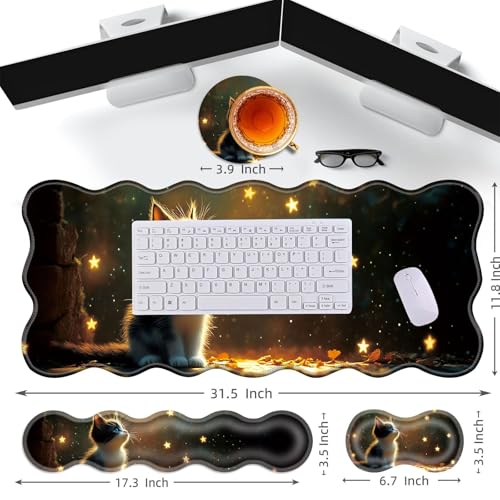 Large Gaming Mouse Pad, Keyboard Wrist Rest Pad & Wrist Support Mousepad Set, Stitched Edge, Extended, Non-Slip Base, Memory Foam Desk Mat for Office, Home,Cute Kitten - color: Cute Kitten