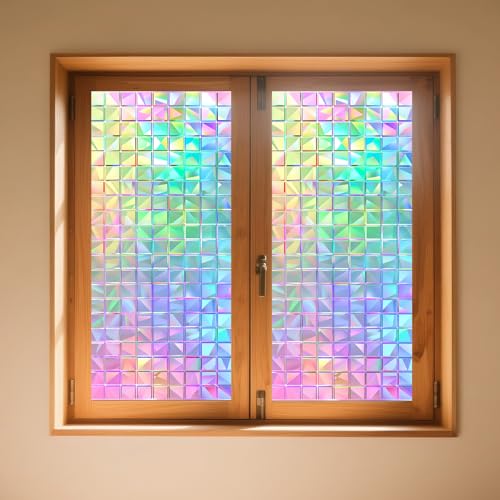 Window Privacy Film Iridescent Tint Stained Glass Window Film Decorative Static Cling Non Adhesive Removable Reusable Window Cling for Bathroom Shower Windows Anti Glare UV Blocking 17.7x39.4 Inch