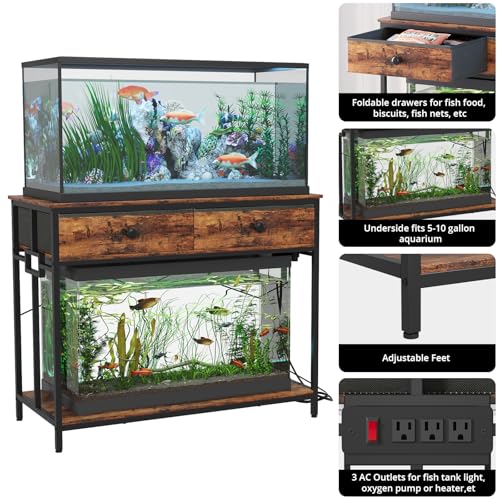 VOWNER 40 Gallon Aquarium Stand with Power Outlet, Metal Frame Fish Tank Stand with Cabinet Storage, Double Turtle Reptile Terrariums Tank Stand, 39.4" L*18.9" W Tabletop, 660LBS Capacity, Brown