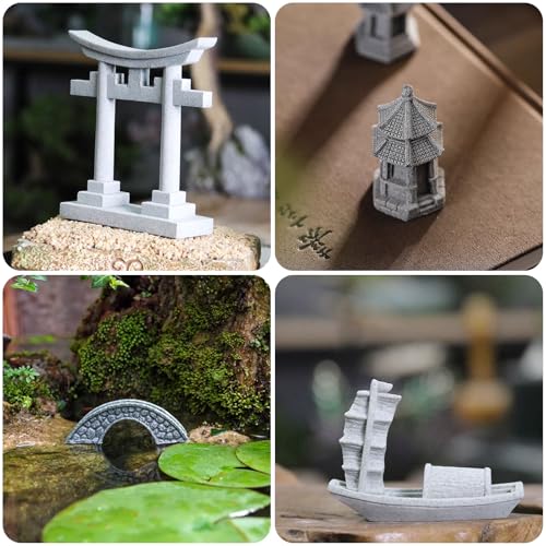 11Pcs Mini Zen Garden Accessories Miniature Fairy Garden Decoration Set Bridge Torii Gate Foo Dogs Sandstone Sculptures Statues for Fish Tank Patio Micro Terrarium Bonsai