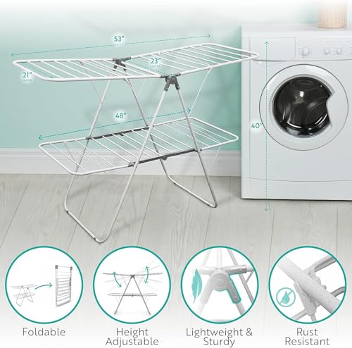 Brookstone 2 Tier Folding Rack - Indoor/Outdoor Collapsible Clothes Dryer Stand Laundry or Shoe Rack, Heavy Duty Freestanding Garment Hanger, Foldable, Clothing Drying Rack, White - color: White