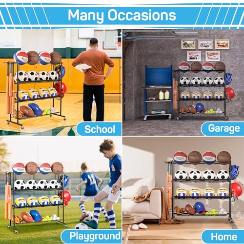 4-Tier Basketball Rack with Wheels, Ball Storage Organizer for Garage