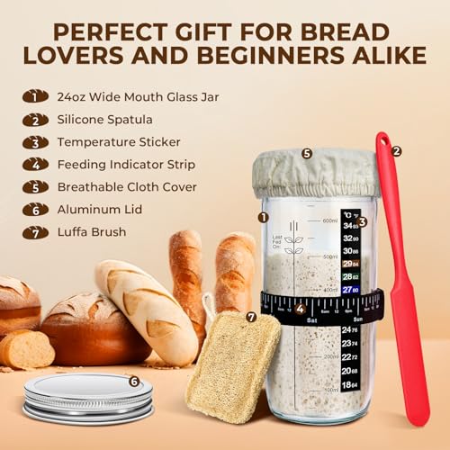 Sourdough Starter Kit, 650mL/24oz Wide Mouth Sour Dough Glass Jar Container with Lid, Fermentation Tank for Sourdough Bread Baking Supplies, Perfect for Beginners & Pro Bakers, transparent