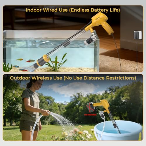 Aquarium Gravel Cleaner, Cordless/Corded 6 in 1 Electric Fish Tank Vacuum Cleaner Compatible with Dewalt 20V Battery, 3 Adjustable Power, Automatic Water Change for Freshwater and Saltwater