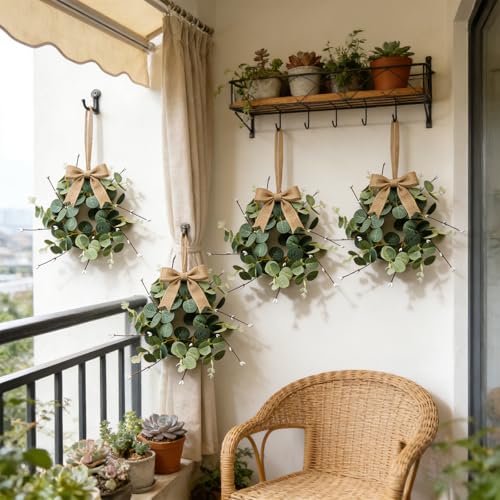 4 Pcs Small Eucalyptus Hanging Wreaths for Cabinets Artificial Greenery Mini Candle Ring Wreath with White Bud Stems and Linen Ribbon for Home Kitchen Front Door Window Wall Wedding Farmhouse Decor