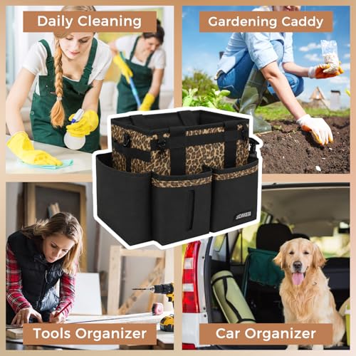 Compact Wearable Cleaning Caddy, Small Cleaning Supplies Organizer with Handle & Shoulder Straps for Housekeepers, under Sink & Car Cleaning Tool Organizers Bag (Leopard) - color: Leopard