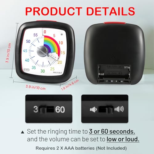 Secura 60-Minute Visual Timer, Silent Study Timer for Kids and Adults - color: Black & Cloud