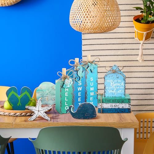 11 Pcs Summer Beach Table Decorations Ocean Tiered Tray Decor Summer Centerpiece Decorative Wood Books Table Top Decor Starfish Wooden Sign for Home Party Supplies (Ocean) - style: Ocean