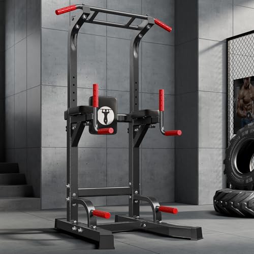 SogesHome Multifuntional Power Tower Pull Up Bar Dip Station for Home Gym - color: Black & Red