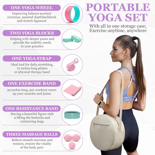 All in One Yoga Wheel Set, Soft Foam Roller Wheel for Back Pain & Stretching, Yoga Blocks 2 Pack with Strap, Trigger Point Therapy Massage Ball for Deep Tissue, Yoga Starter Kit for Beginner - color: C1, Pink