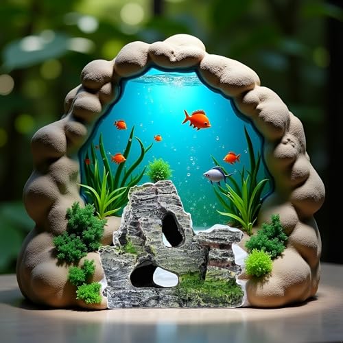 Artificial Moss Rock Aquarium Stone Cave, Resin Fish Tank Decor for Hiding and Landscaping, Small Mountain Terrain Ornament, Natural-Looking Habitat for Fish, Shrimp, and Reptiles, Decoration