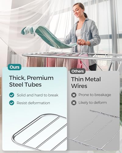 SONGMICS Clothes Drying Rack, Foldable 2-Level Stee Laundry Drying Rack - color: Silver + White, size: 2 Tiers(22"d x 61.8"w x 64.3''h )