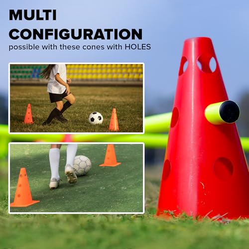 GSi 9-Inch Cones with Holes for Hurdle & Agility Training | Creates Training Hurdles, Stable in Wind, Sturdy Construction, Bright Colors, 18 Cones in 3 Colors