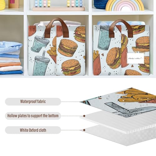 Ollabaky Collapsible Rectangular Closet Storage Bin Retro French Fries Drink and Hamburgers Shelf Basket Box with Leather Handles - Storage Cube, Nursery Storage, Laundry Hamper