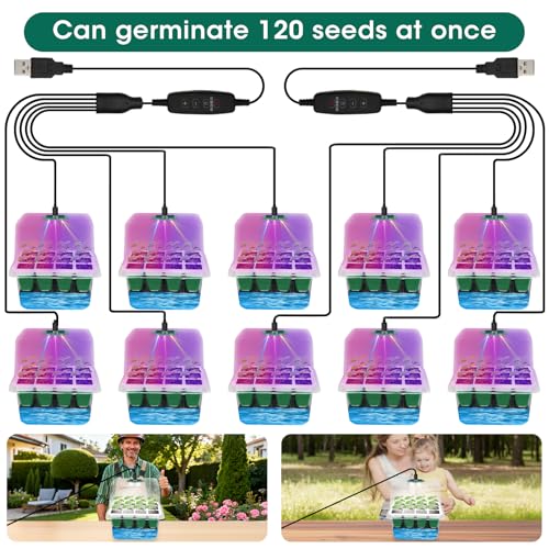 Self Watering Seed Starter Tray with Grow Light, 10-Pack 120-Cell Reusable Seed Starter Kit with Soft Silicone, Plant Germination Trays with Humidity Dome for Seeding Planting Growing