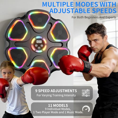 Leann L!fe Music Boxing Machine, Bluetooth Wall Mounted Boxing Trainer for Adults & Teens, Strong Adhesive Mount (No Drill), 11 Modes & 9 Speeds, 2 Pairs of Boxing Gloves & Reflex Ball,Colorful Light - color: Black-Colorful Light