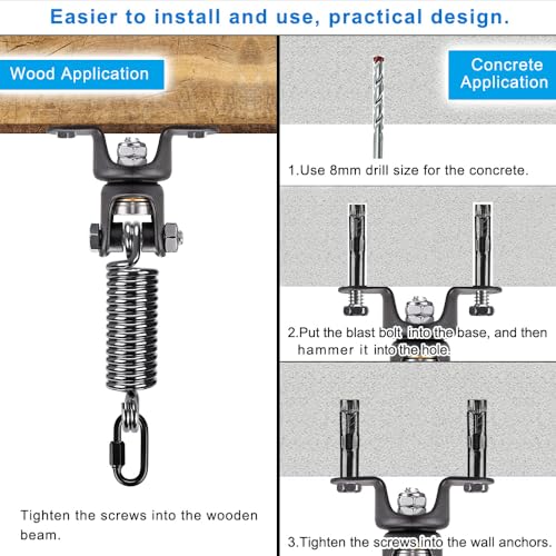 BeneLabel Heavy Bag Ceiling Mount with Spring & Chains 360° Rotation Punching Bag Ceiling Hanger with Bearings Boxing Bags Holder Hardware with 2 Wood Screws and 2 Expansion Screws - color: Hanger with Straight Spring (275 LBs Capacity)