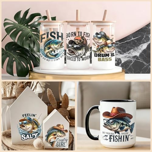 Fishing Enthusiast 4 PCS UV DTF Stickers, Suitable for 16 oz Insulated Mugs, Glass Jars, Mugs, Laptops, and Tables High Adhesion Cup Wraps