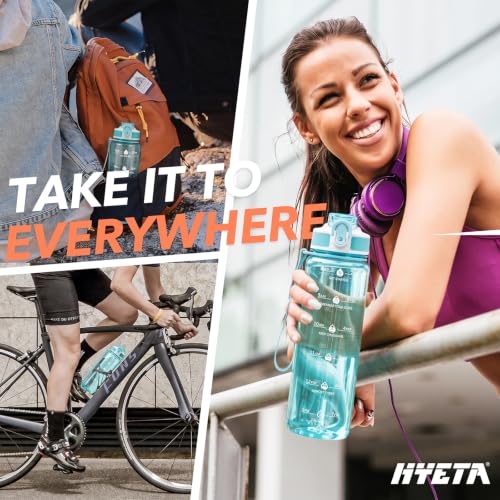 Hyeta Plastic Water Bottle With Straw & Time Marker, 32oz Leakproof Jug - color: Clear Lake Blue