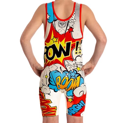 KO Sports Gear Adult Wrestling Singlets, Funny & Holiday Designs, XS-3XL - color: Glow in the Dark Comic Book, size: X-Large