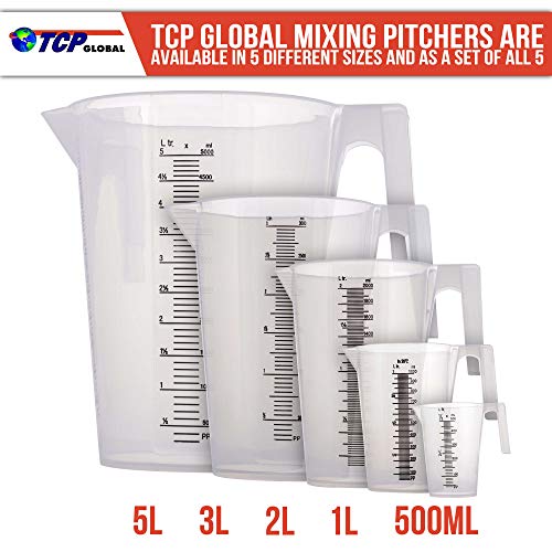 TCP Global 3 Liter (3000ml) Plastic Graduated Measuring and Mixing Pitcher (Pack of 4) - Holds 3 Quarts 0.75 Gallon - Pouring Cup, Measure & Mix Paint, Resin, Epoxy, Kitchen Cooking Baking Ingredients - size: 3000ml