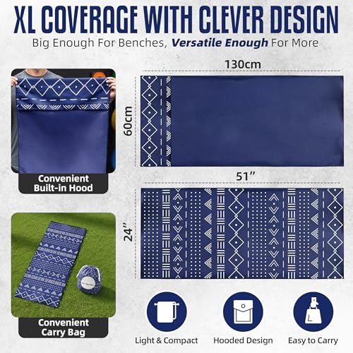 Hooded Microfiber Gym Towel – Highly Absorbent Car Seat Towel with Carry Bag – Double-Sided Sweat Towel, Reversible, Quick Dry & Sand-Resistant Fabric, Aztech Blue, 130 x 60cm - color: Aztec Blue