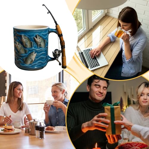 Fishing Mug, Funny Fishing Rod & Reel Design Coffee Mug, Resin Water Cup With Simulated Fishings Line Decoration And Rotating Rod Shaped Handle, Fishings Gift For Men, For Chocolate Tea Wine