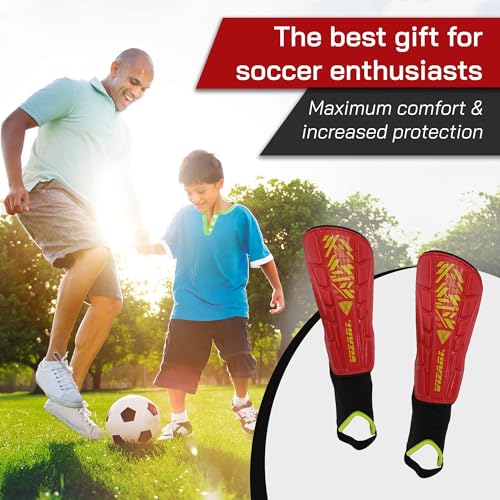 Vizari Malaga Soccer Shin Guards for Kids | Soccer Gear for Boys Girls | Protective Soccer Equipment | Adjustable Straps - color: Red