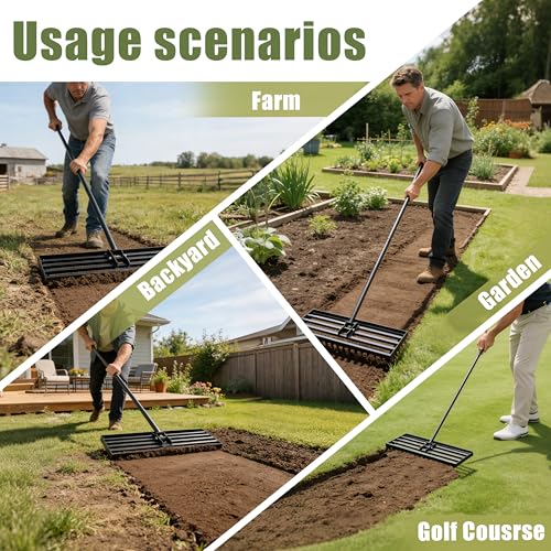 Lawn Leveling Rake, 48" Stainless Steel Head, Ergonomic Bent Handle, Level Soil & Sand, 6ft Long Handle for Yard, Garden, Sports Field - size: 48"x10"