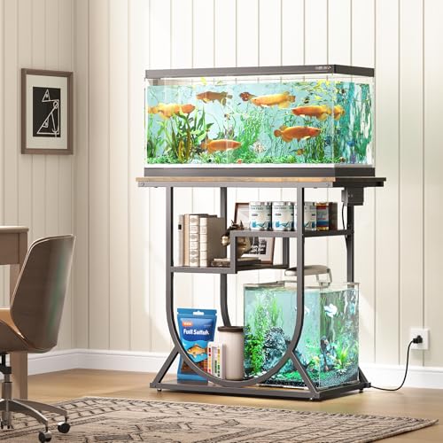 20-29 Gallon Fish Tank Stand with Power Outlet, Metal U Shaped Aquarium Stand with Storage Shelves, Heavy Duty Terrarium Rack for Home Office, 31.5" L x 15.7" W x 29.4" H, Rustic Brown