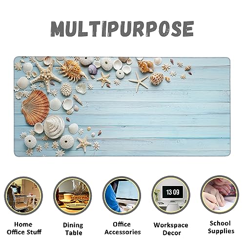 Large Mouse Pad Shells on Light Blue Wood Extended Gaming Mouse Pad Non-Slip Desk Mat with Stitched Edge Laptop Computer Keyboard Mousepad for Office Home 35.4" x 15.7" - color: Shells on Light Blue Wood