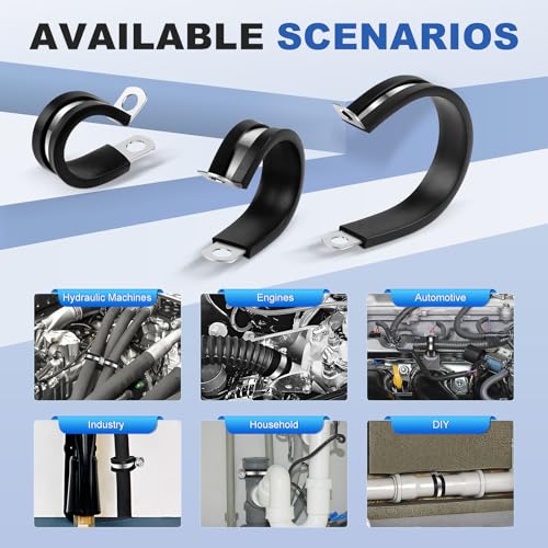 20 pcs 1/4 Inch Stainless Steel Cable Clamps Insulated Clips | Rubber Coated Cushioned, Conduit Clamp, Metal, for Hose Tube Pipe Wire Line Installation