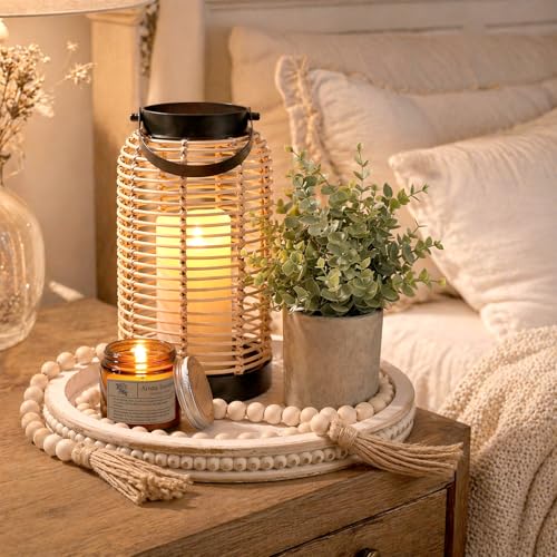 Novabright 6 Pcs Rustic Bobo Farmhouse Lantern Decor Set Candle Lanterns Decorative Indoor with Wooden Tray Bead Aromatherapy Candle Faux Plant Rustic Decor for Living Room Mantel Housewarming Gift - style: Rustic Bobo