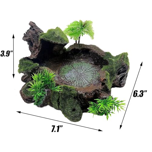 Reptile Feeding Bowl Resin Turtle Food Water Dish Terrarium Tank Decor with Artificial Plants for Lizard Gecko Chameleon Frog Spider