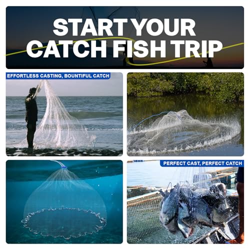 Goture American Fishing Cast Net Saltwater Freshwater, 3/8in Mesh Size Casting Net for Bait Fish Shrimp Trap, Dual Color Double Selvage Add Tape, Throw Cast Nets with Needle