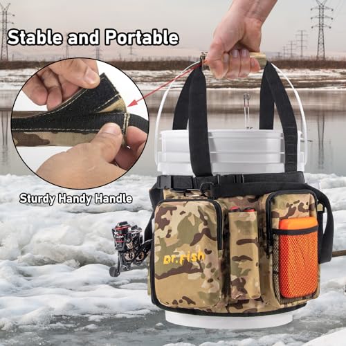 Dr.Fish 5 Gallon Bucket Tool Organizer - Adjustable Gear Bag with 6 Pockets and 2 Rod Holders for Ice Fishing Tackle Storage