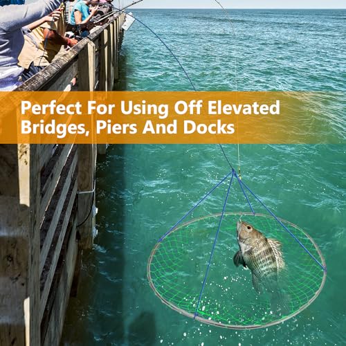 Large Bridge and Pier Fishing Net 32''/39'' Hoop, Foldable Drop Net Pier Fishing for Saltwater with Rope, Landing Net with Nylon Mesh, Collapsible Soft Steel Ring - color: Green, size: L: 39''×36''