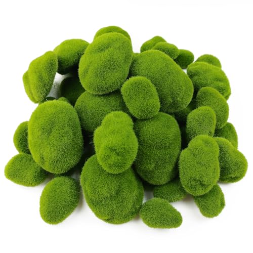 TIHOOD 50 PCS 5 Size Artificial Moss Rocks Decorative, Green Moss Balls,Moss Stones, Green Moss Covered Stones, Fake Moss Decor for Floral Arrangements, Fairy Gardens and Crafting