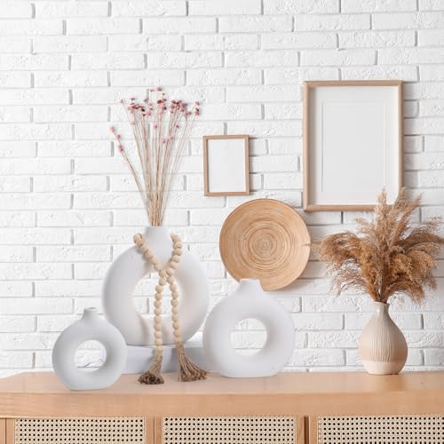 8 Pcs Rustic Vase Centerpieces Set Included Boho Ceramic Vase Decorative Books Wood Bead Garland with Tassels for Farmhouse Table Island Living Room Decor(with God All Things are Possible)