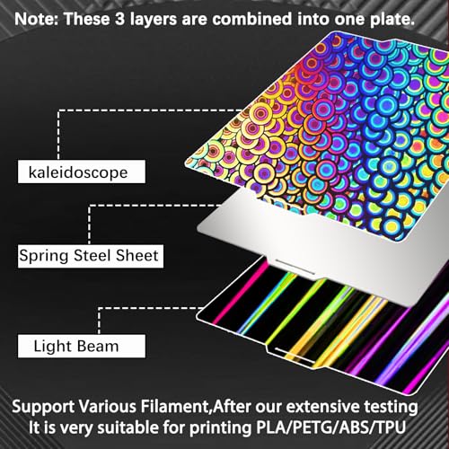 JUUPINE 257x257mm Bambu Lab Build Plate for Bambu Lab X2D/A1/P1P/P1S /P2S/X1/X1C/X1E/3D Printer, 3D Printer Flexible Spring Steel Sheet Removable Platform (Smooth Kaleidoscope+Smooth Light Beam) - color: PEY-Kaleidoscope+PEY-Light Beam