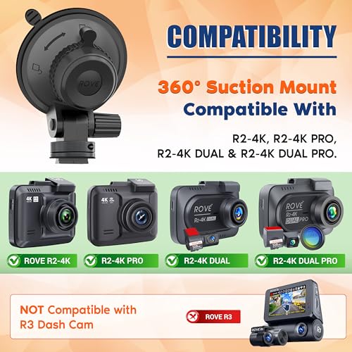 ROVE Suction Cup Mount for R2-4K, R2-4K PRO and R2-4K Dual Dash Camera Models