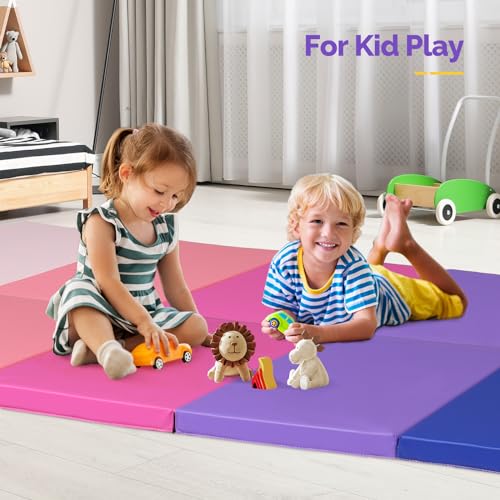 Matladin Folding Gymnastics Gym Exercise Aerobics Mat, 76"L x 30"W x 1.5"Th Folding Exercise Mat, Easy to Clean PU Leather Tumbling Mats for Stretching Yoga Cheerleading Martial Arts, Kid Play(Pink ,Blue) - color: Pink ,Blue Gradient