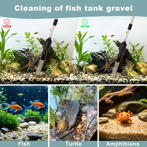 10-100 Gallon Fish Tank Vacuum Gravel Cleaner Electric: Aquarium Vacuum Gravel Cleaner with Adjustable Flow Sock Filter and Water Circulation,DC24V Strong Suction Quiet Pump for Fresh Salt Turtle Tank | One handed sand washing | Internal circulation filtr